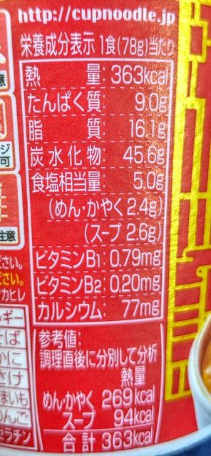 カップヌードルリッチ（贅沢とろみフカヒレスープ味）の原材料名/アレルギー/カロリー/栄養成分表示の画像